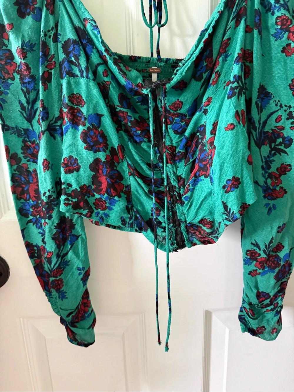Free People Teal Floral Lace-Up Puff Sleeve Blouse